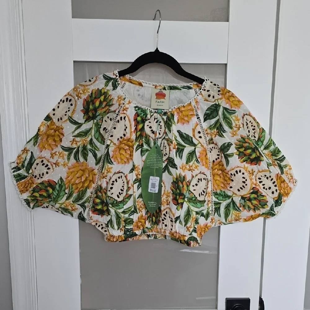 NWT FARM Rio Off-White Biriba Cropped Top Yellow Green Floral Puff Sleeve Blouse